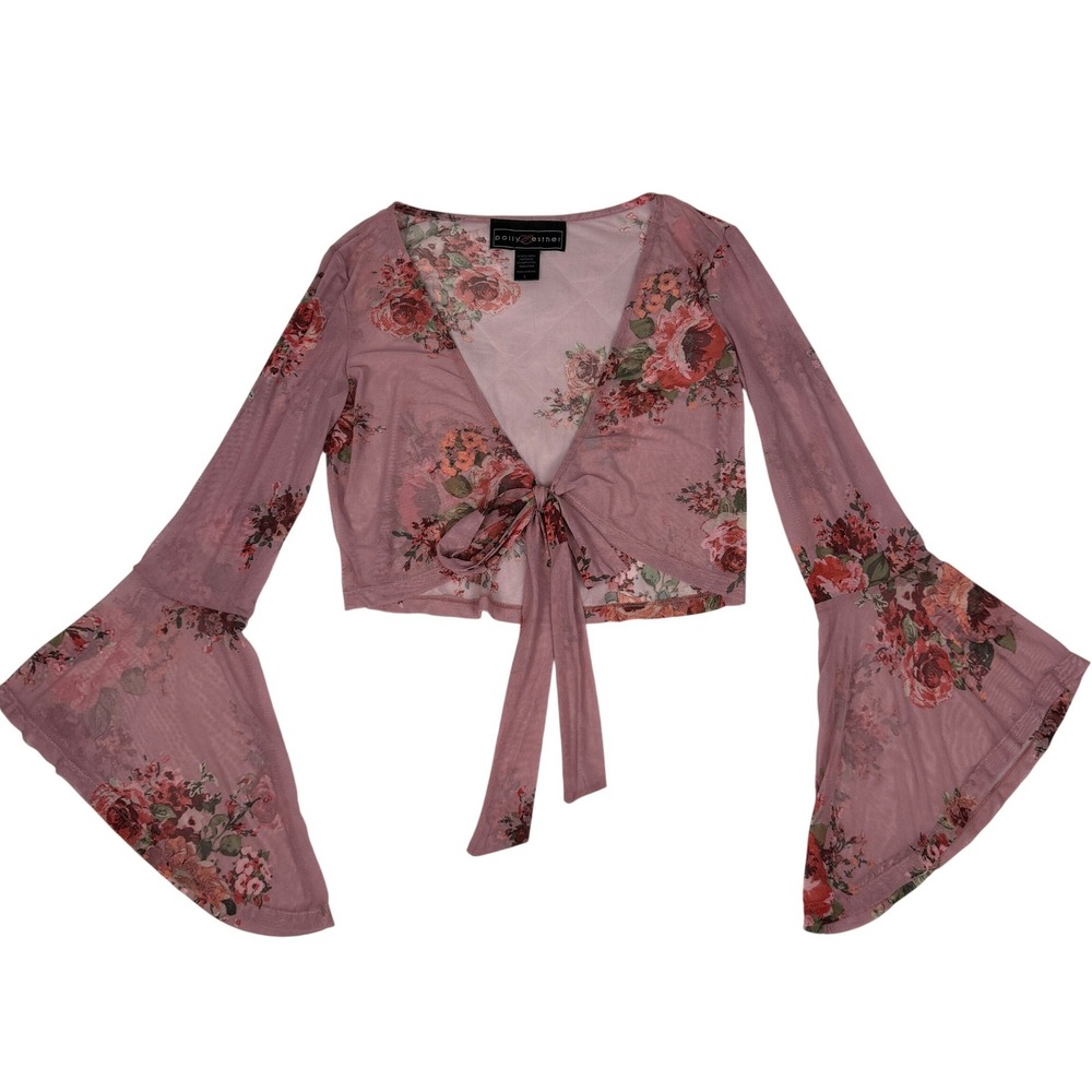 Polly Esther Womens L Pink Floral Mesh Tie Front Bell Sleeve Crop Top Y2K